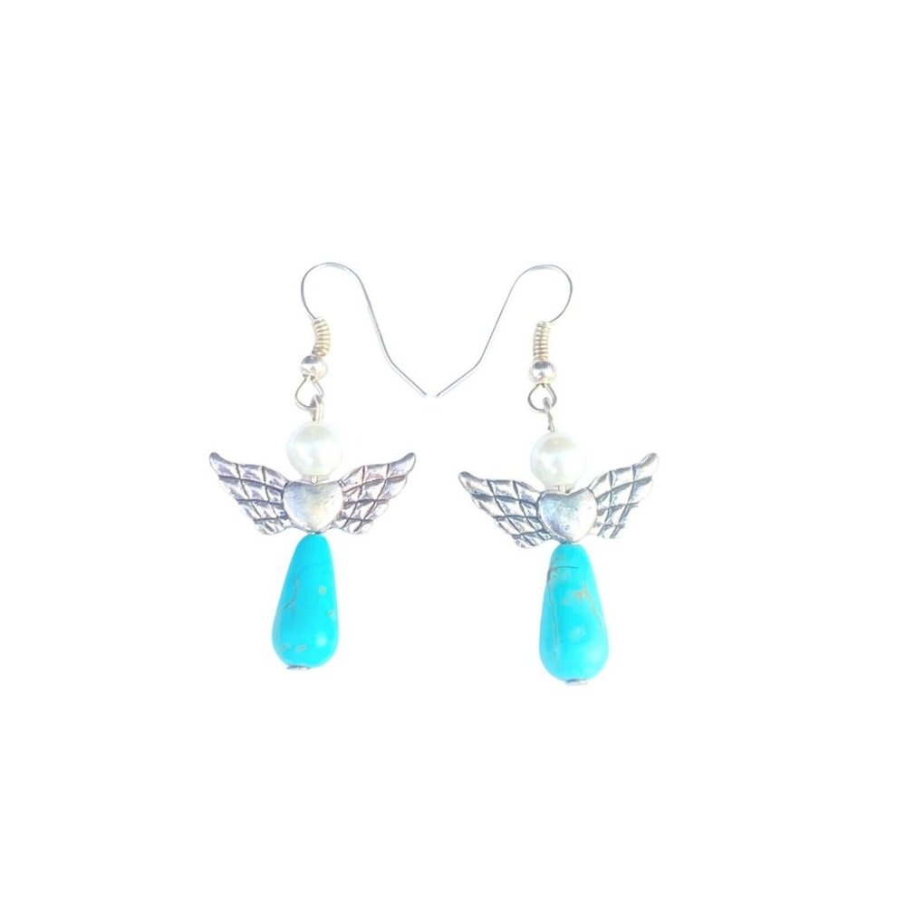 Drop Dangle Angel Wings And Turquoise Earrings Vintage